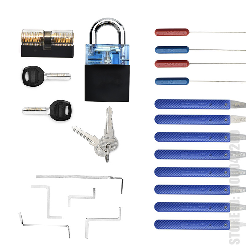 3 In 1 Set Locksmith Tools Practice Transparent Lock Kit With Broken Key Extractor Wrench Tool Removing Hooks Hardware: LT30-Blue Set