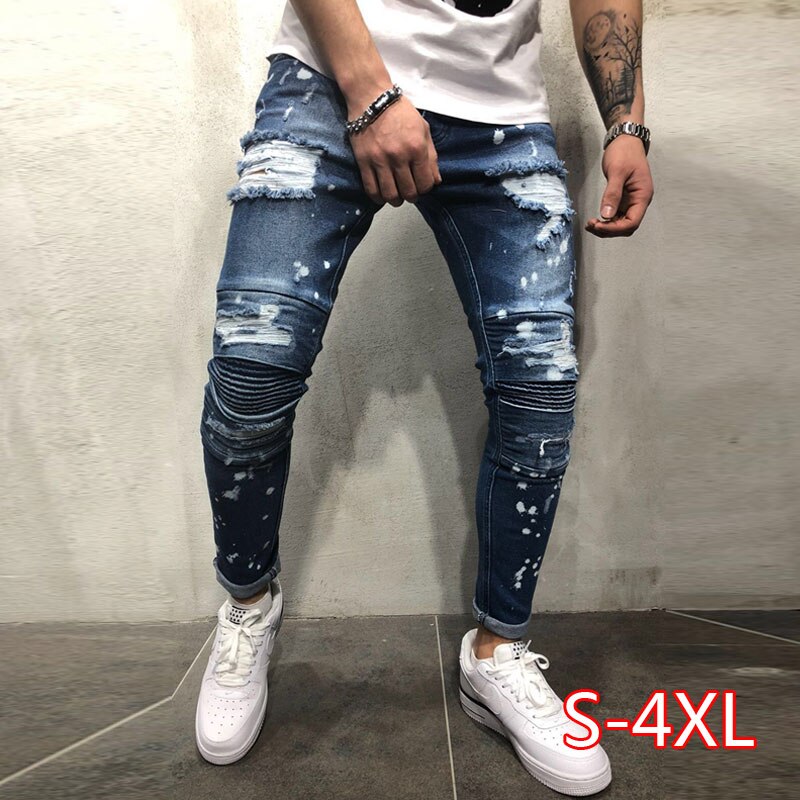 Men's Painted Skinny Slim Fit Straight Ripped Distressed Pleated Knee Patch Denim Pants Stretch Jeans