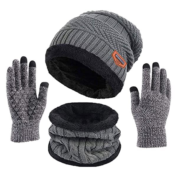 Winter Warm Beanie Hat Scarf Gloves Set Unisex Winter Warm Knitted Beanie Hat Neck Glove for Men Women XRQ88: Gray 3 piece