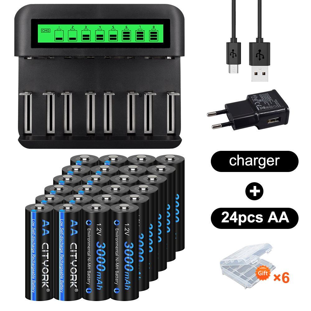CITYORK AA 1,2 V 3000 mAh nimh oplaadbare batterij aa-batterijen + batterijlader voor 1,2 V AA/AAA C/D oplaadbare batterij: Blauw