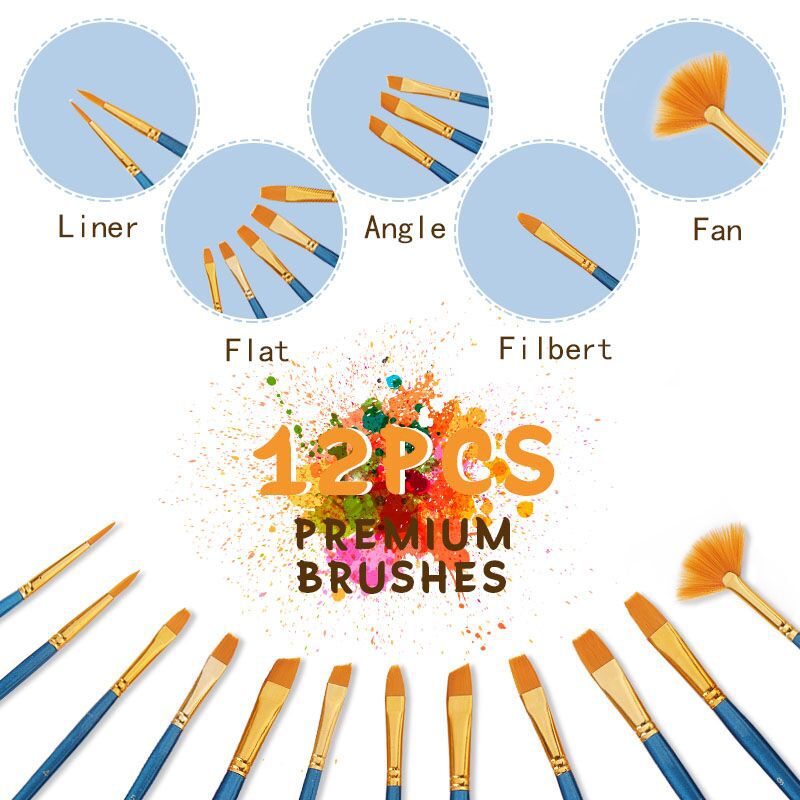 12PCS/lot Artistic Paint Brushes Set Watercolor Acrylic Oil Brush Nylon Long Drawing Pen School Student Stationery Art Supplies