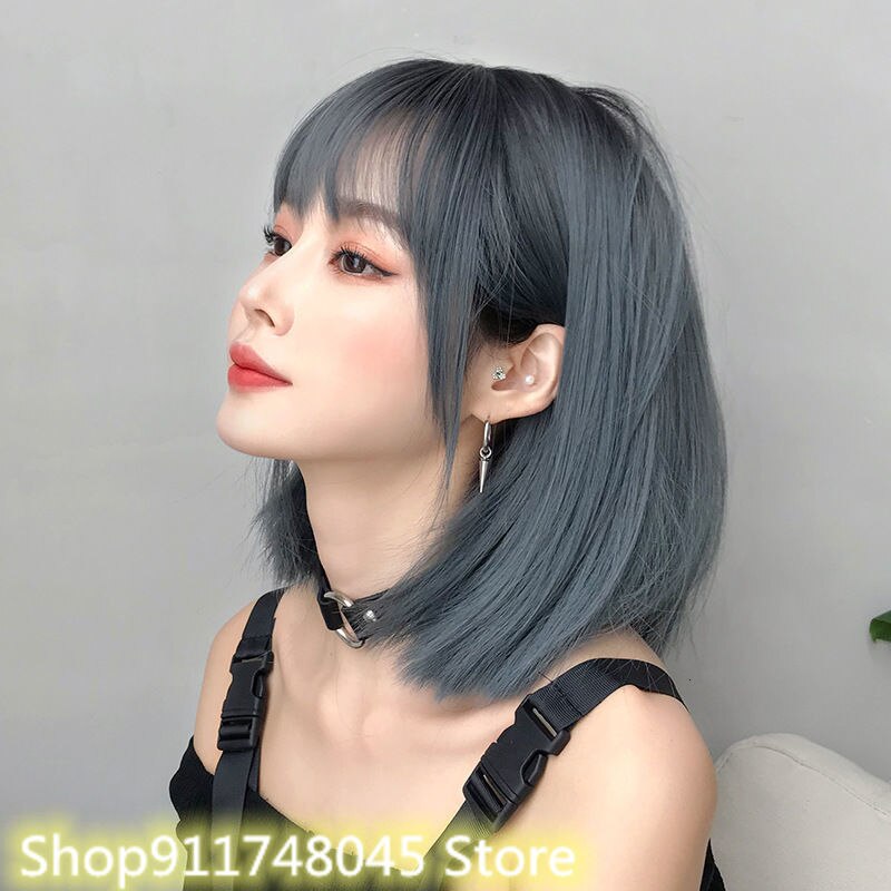 D3111Wig-Peluca de estilo japonés para mujer, con flequillo, tocado Bobo, a la , longitud del hombro, peluca con flequillo