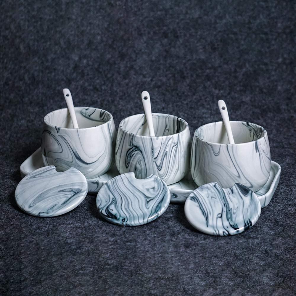 Sugar Bowl, Ceramic Black White Marble Sugar Bowl with Lid and Spoon for Home and Kitchen