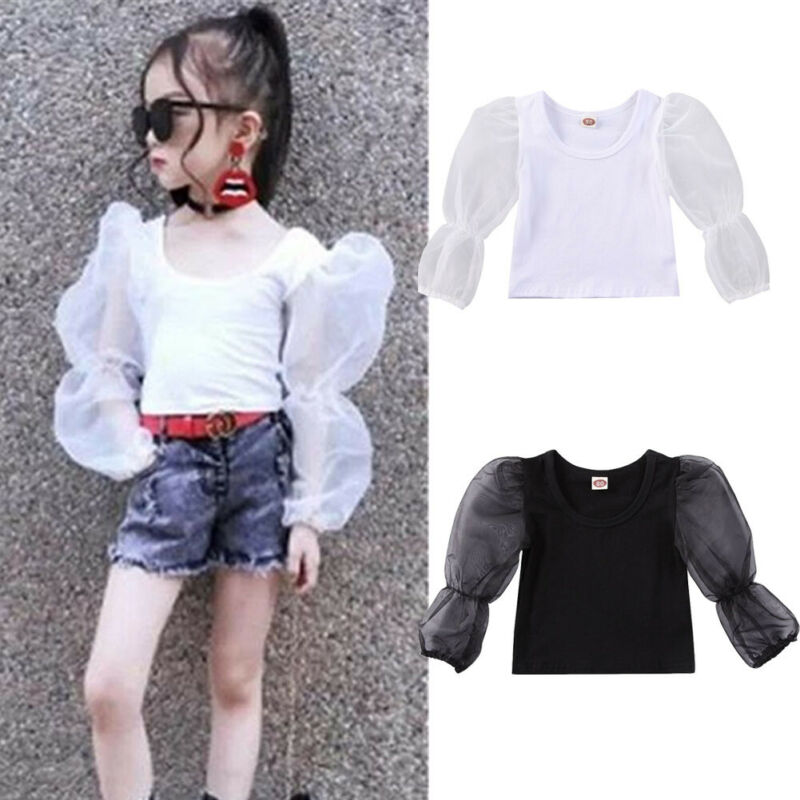 Baby zomerkleding 0-5t peuter kind baby meisjeskleding mesh lange kant pofmouw top effen t-shirt effen blouse
