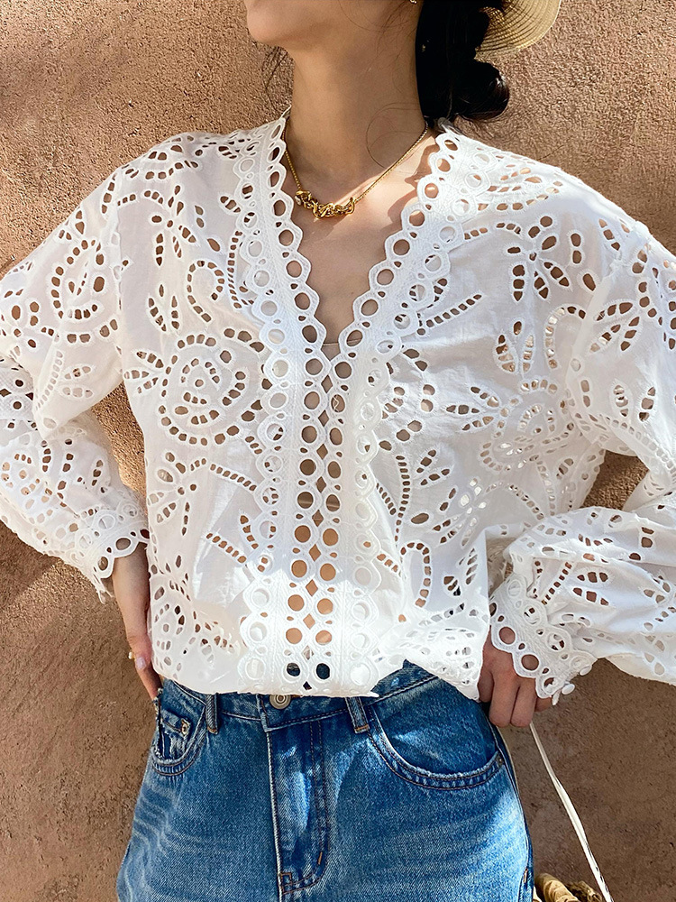 GypsyLady Frankreich Elegante schick Hemd Bluse Blumen- Stickerei Weiß Baumwolle Aushöhlen sexy Langarm Frauen Damen Spitzen: M