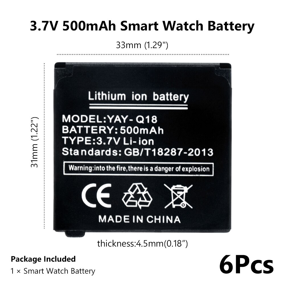 Postiman para reloj inteligente Q18, batería de litio recargable de 500mAh y 3,7 V, batería de polímero de litio de repuesto: 6pcs