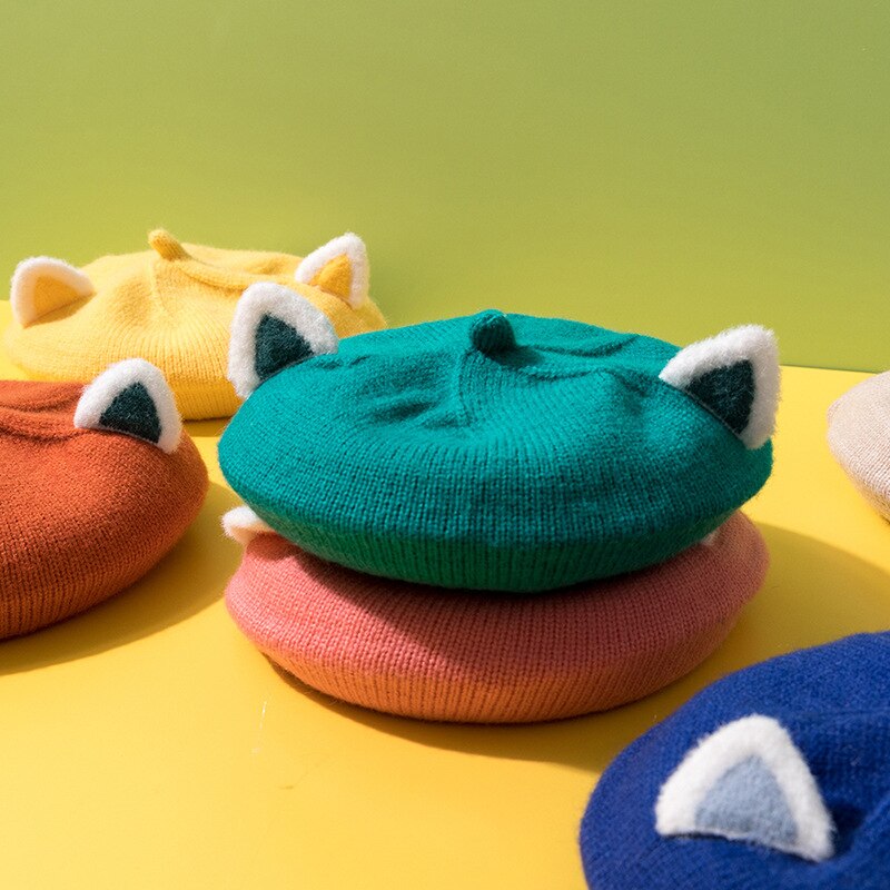 Béret de dessin animé pour enfants, chapeau tricoté avec oreilles de renard, Bonnet pour filles