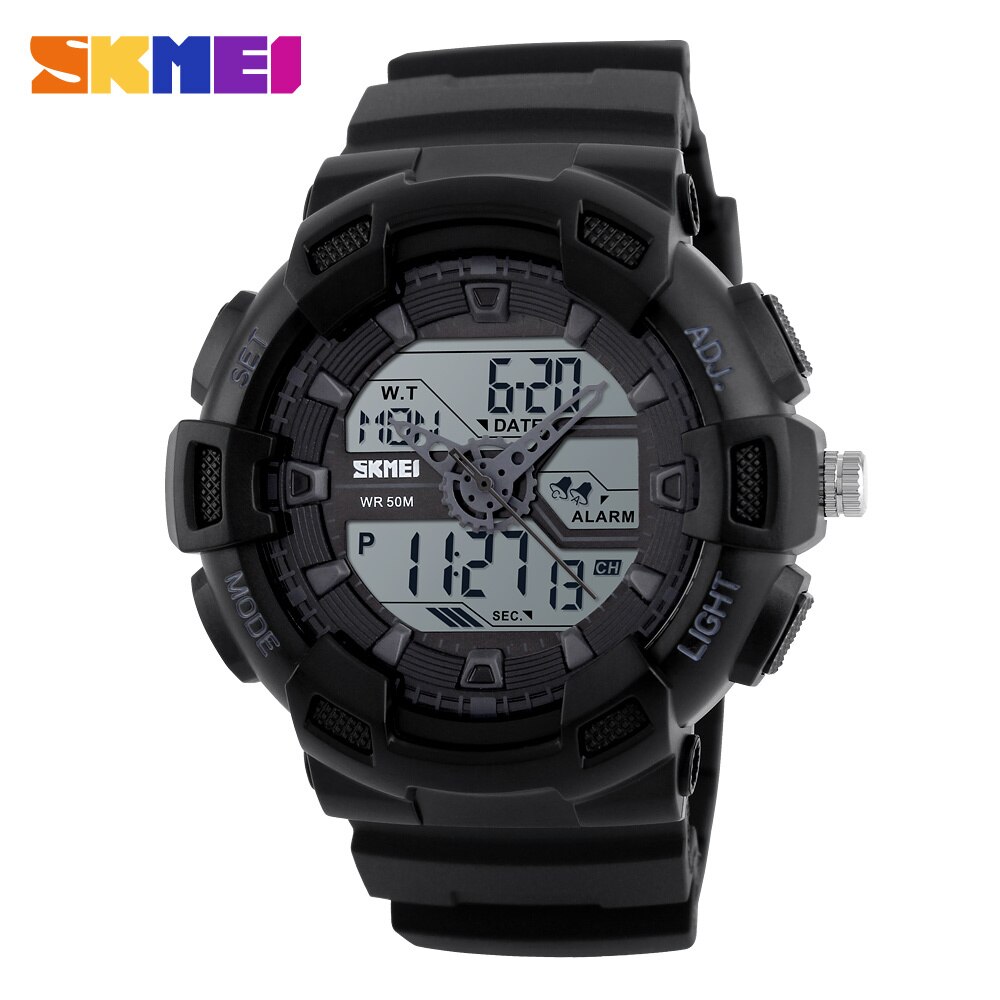 SKMEI 1189 Men Sport Digital Wristwatches Chronograph Alarm Clock Outdoor Full Black Dual Time Display Watches: White