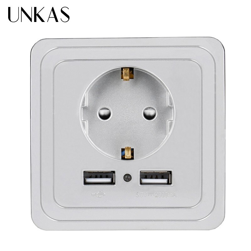 UNKAS 2000mA Dubbele USB Grijs Decoratieve Muur Socket 5V Woonaccessoires EU Plug Stopcontact PC Panel Geaard: 2000 mA Gray