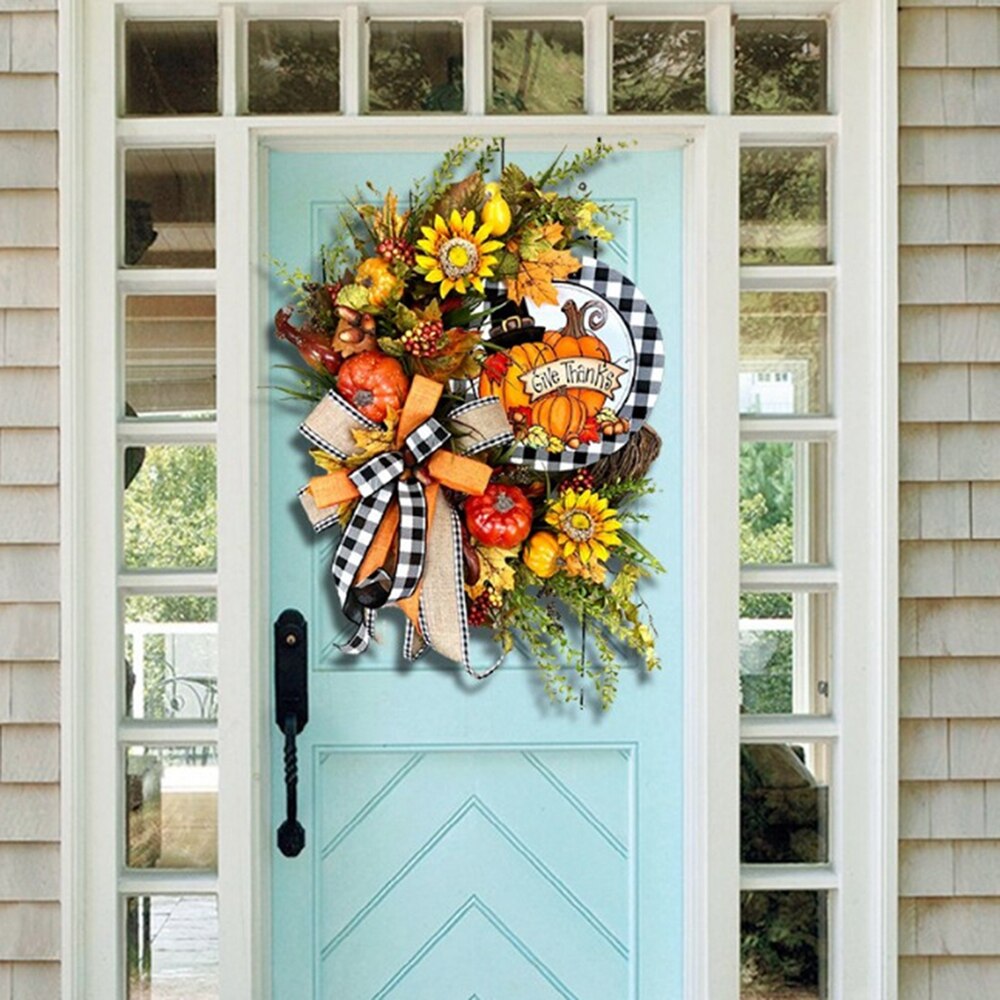 Fall Wreath Autume Theme For Front Door Farmhouse Wreaths Pumpkin And Sunflower Bowknot Garland Thanksgiving Day Decoratioon