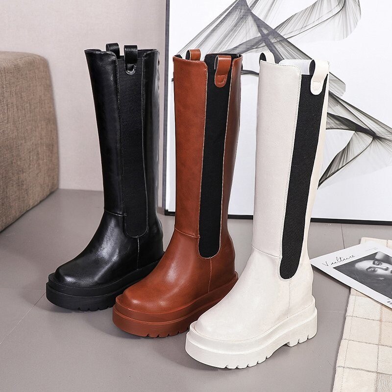 Platform kvinder lange støvler læder afslappet lynlås støvler chunky hæl knæhøje botas mujer dame chaussure femme