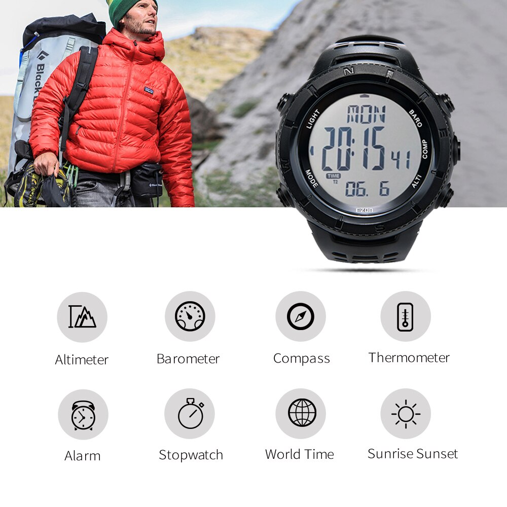 Brand EZON H001H11 Men's Digital Sport Watch Multifunctional Altitude Barometer Compass for Hiking Backlight Waterproof