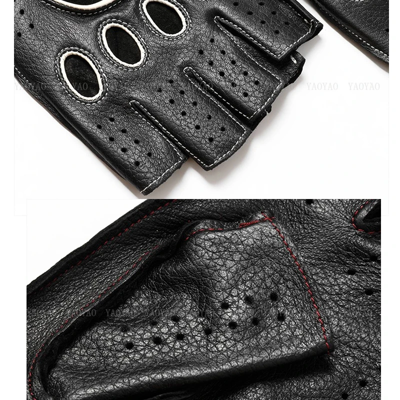 Guantes de cuero puro Real de para hombre, Guantes finos de medio dedo para Fitness, Guantes elegantes de dos colores para conducir, montar en gimnasio, sin forro