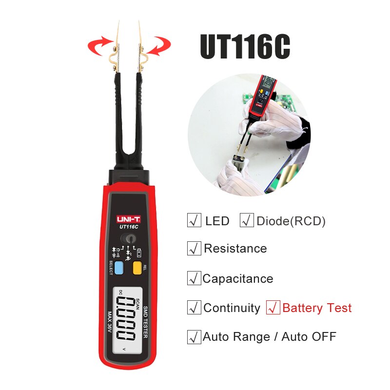 UNI-T SMD Multimeter Tester Resistor/Capacitor/Diode (RCD) Parameter Meter Digital Multimeter Smart Testing Clips UT116A/UT116C: UT116C