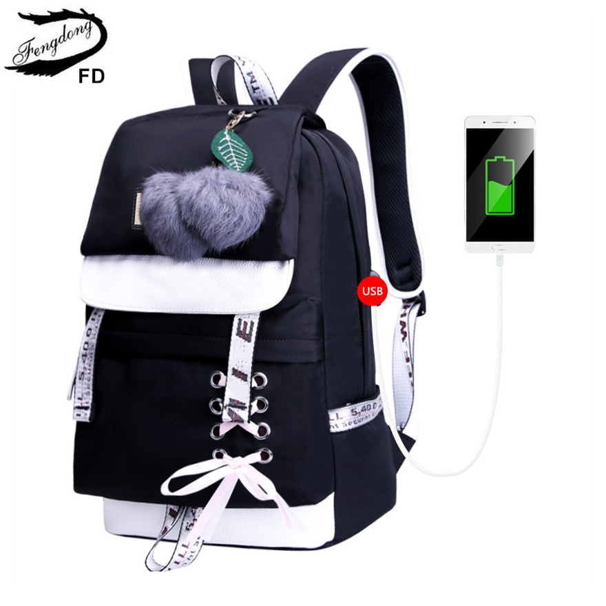 Fengdong school bags for teenage girls korean style schoolbag cute black bowknot backpack child book bag usb travel backpack