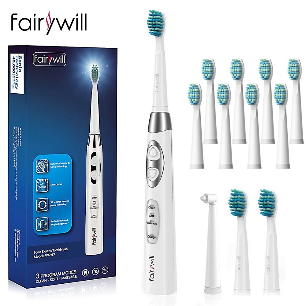 Fairywill Electric Sonic Rechargeable FW-917 Toothbrush USB Fast Charge Waterproof Electronic Tooth Replacement 3 Heads For Adu: 917White.FW01-2