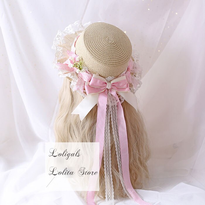 Sombrero de paja para mujer, sombrero de sol Mori Girl con lazo a cuadros: Rosa