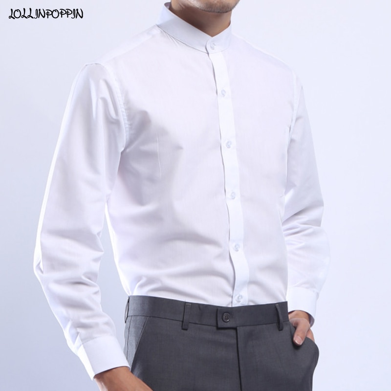 Men Mandarin Stand Collar White Dress Shirt Long Sleeve Chinese Style Single Breasted