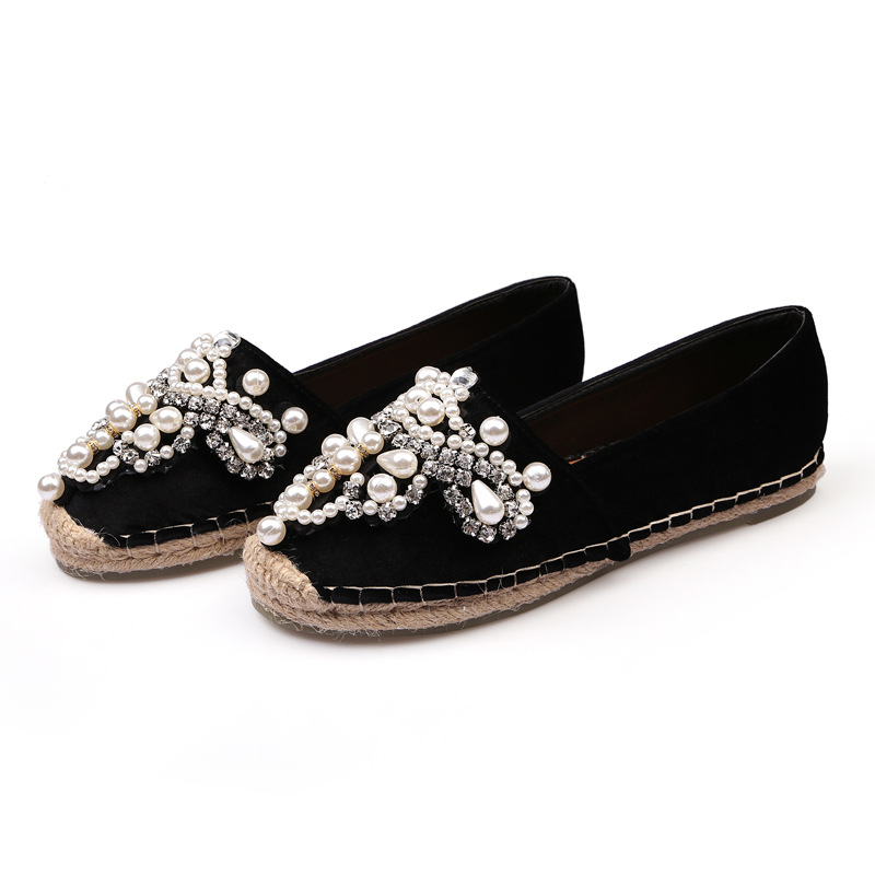 Espadrilles perlées perles décoration oxfords appartements dames or velours cristal pêcheur chaussures grande taille paille tricot creepers: Black / 10.5