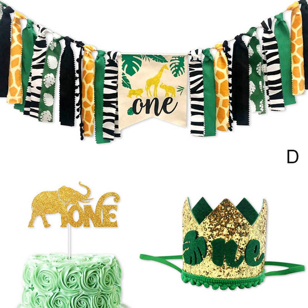 Animales de la selva temática trona decoración de Banner corona suministros para bebé 1er cumpleaños J2Y: D 1 Set