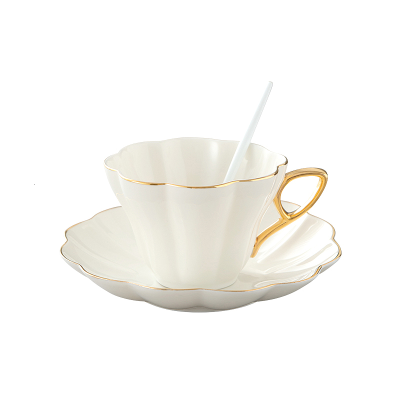 Ensemble de tasses à café et soucoupes en forme de pétales de fleur de lotus de bon goût, cuillère à café gratuite, contour en porcelaine d'os de l'après-midi, plateau pour tasse à thé en or: Default Title