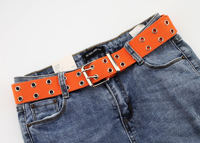 Dubbel genomföring hål spänne bälte brett canvas webbbälte kvinnlig manlig svart röd vit midjeband bälten för kvinnor män jeans: Orange