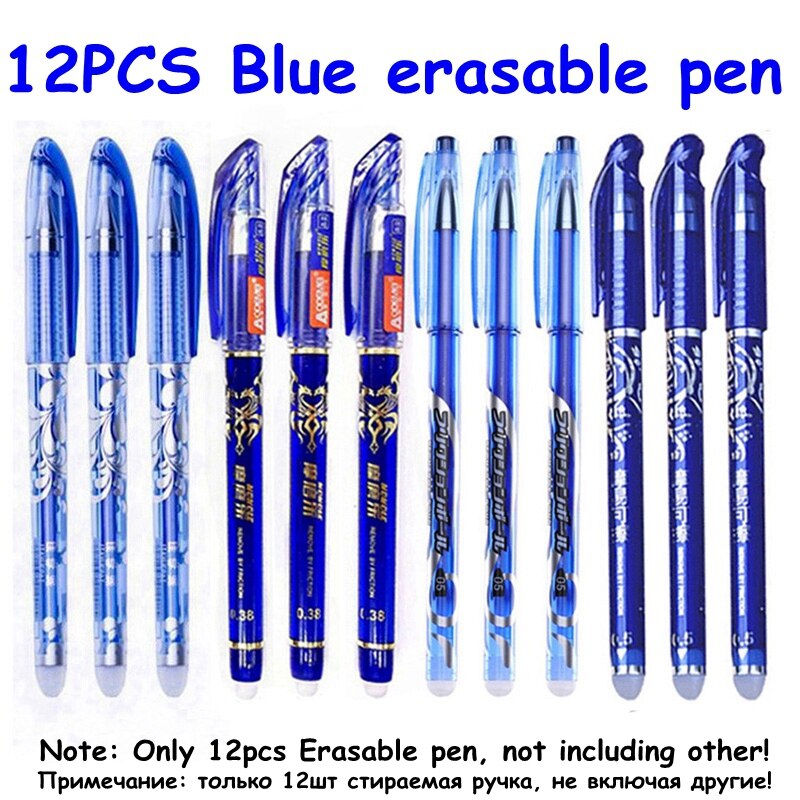 100 stk./sæt sletbar gel pen 0.5mm sletbar pen refill stang blå sort blæk vaskbart håndtag til skole papirvarer kontor skrivning: Bemærk -12 stk-blå pen