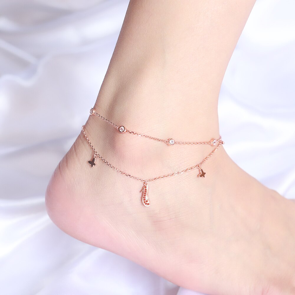 925 Sterling Silber Fußkettchen Rose Gold Schmetterling hoch Fersen Footchain Süße Doppel-schicht für Frauen murmeln Feine Schmuck freies schiff