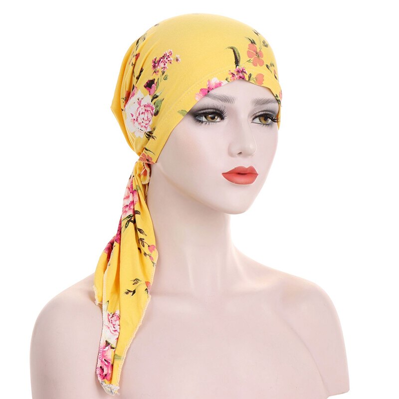 Kvinners muslimske hijab kreft chemo blomst utskrift lue turban lokk dekke hårtap hodeskjerf pakke inn pre-bundet hodeplagg strech bandana: Gul
