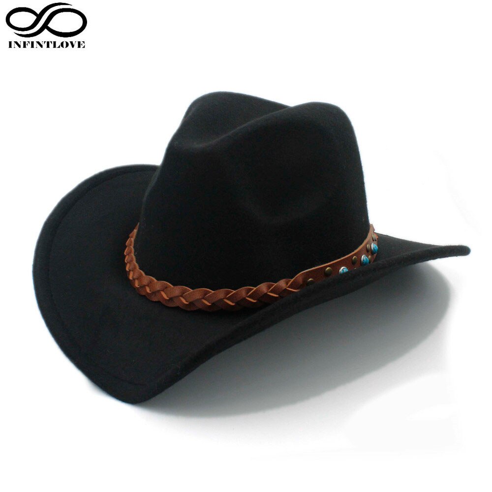 Luckylianji uldfilt vestlig cowboy hat til barn barn bred skygge cowgirl kallaite fletning læderbånd (størrelse :54cm, juster reb): Sort