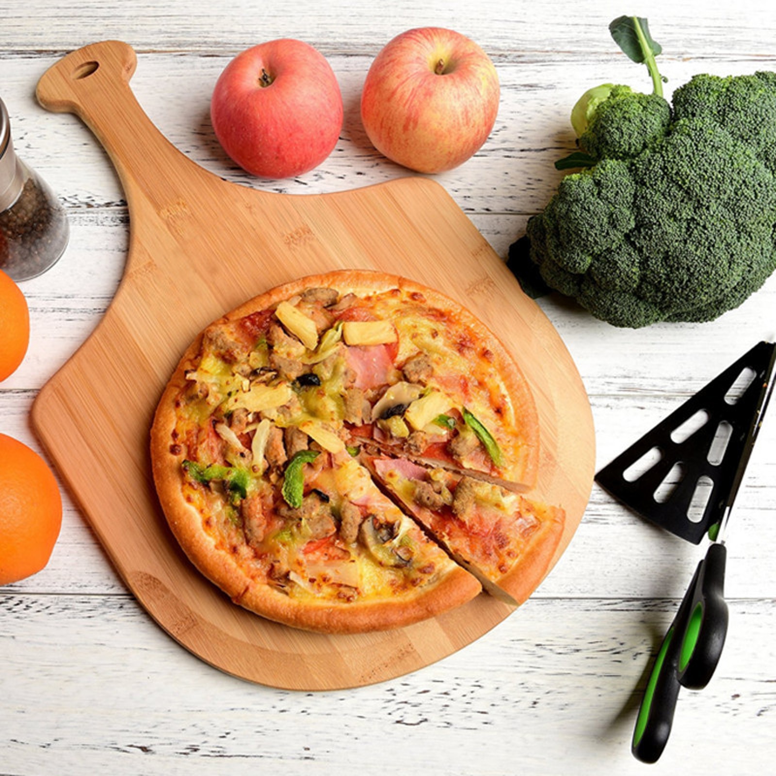 12Inch Houten Pizza Board Ronde Met Handvat Pizza Pan Bakplaat Pizza Fruit Snijplank Bamboe Taart Schotel Bakvormen gereedschap
