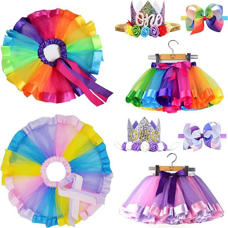 Baby Girl Bow-knot Headband 1 Set Party Dance abbigliamento per bambini 3-7 anni Rainbow Princess Tutu Skirt Tulle Skirt Suit