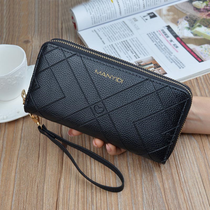 Phone Purses Women Wallets Big Female Purse Leather Brand Retro Ladies Long Woman Wallets Card Clutch Double Zipper: Black