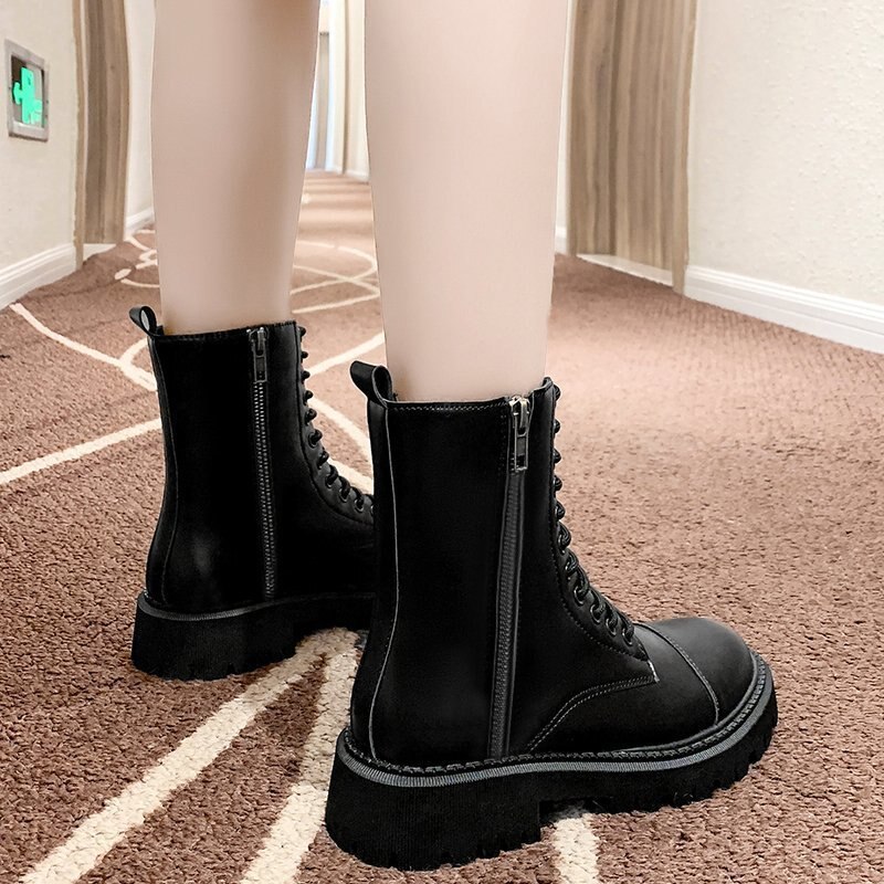 hiver élastique dentelle noir bottes bottes de Combat femmes moto chaussures plates-formes bottines femme talons hauts gothique chaussures