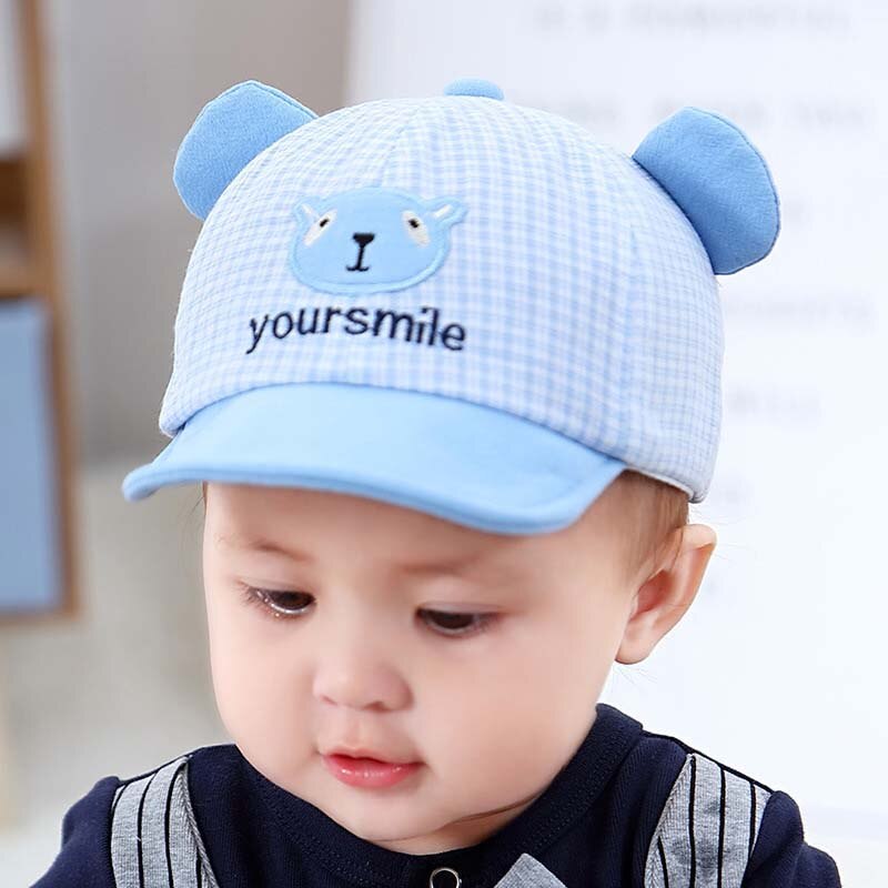 Cute Cartoon Baby Cap With Ears Summer Newborn Adjustable Baseball Cap Cotton Baby Girl Boy Hat Plaid Toddler Kids Sun Hat: blue