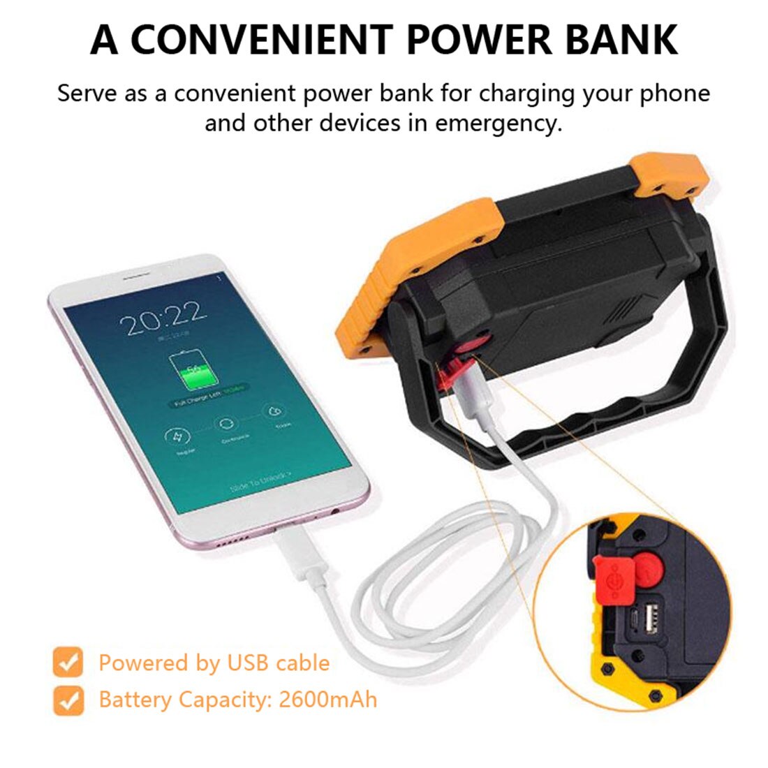 Power COB Work Lamp USB LED Portable Lantern Rechargable Waterproof 3-Mode Emergency Spotlight Floodlight for Camping Hike Run