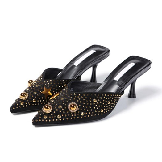 Maultiere pantoffel spitz frauen pumpt dünne schuhe sommer hoch Fersen Zucht China niet bunte sandalen größe 4 34: Schwarz / 35