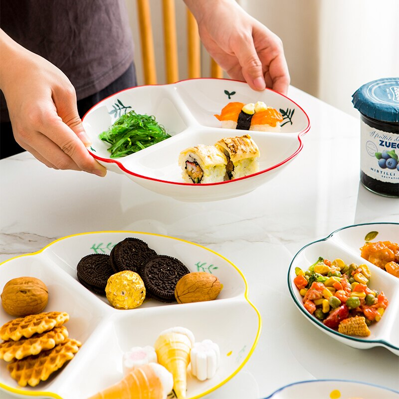 （9 inch Ceramic Three-divided Plate Fruit Bowl Snack Tray Porcelain Plates Candy Dish