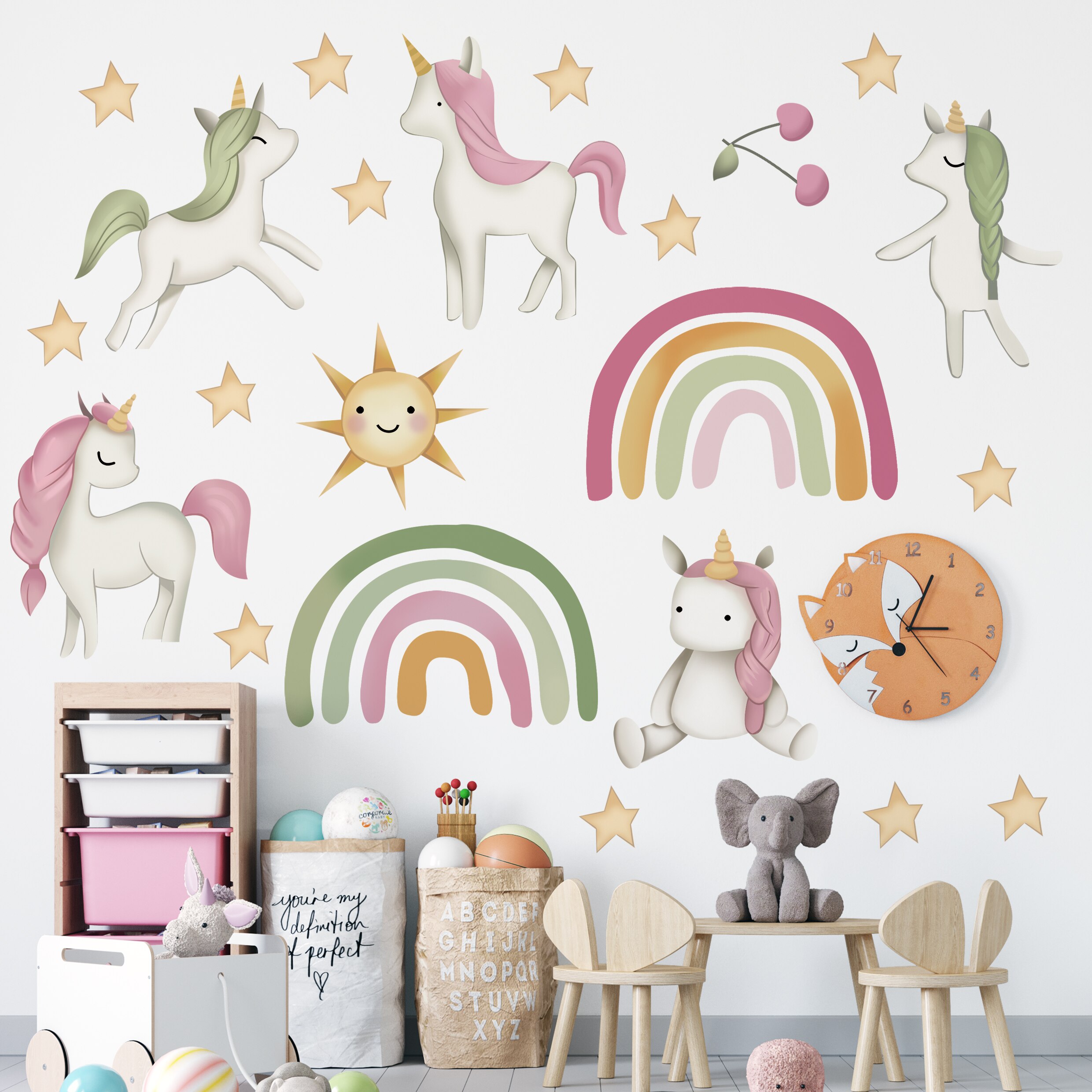Cartoon Eenhoorn Muursticker Dromerige Cloud Sterren Regenboog Behang Home Decoratie Woonkamer Slaapkamer Muurtattoo Voor Kinderen