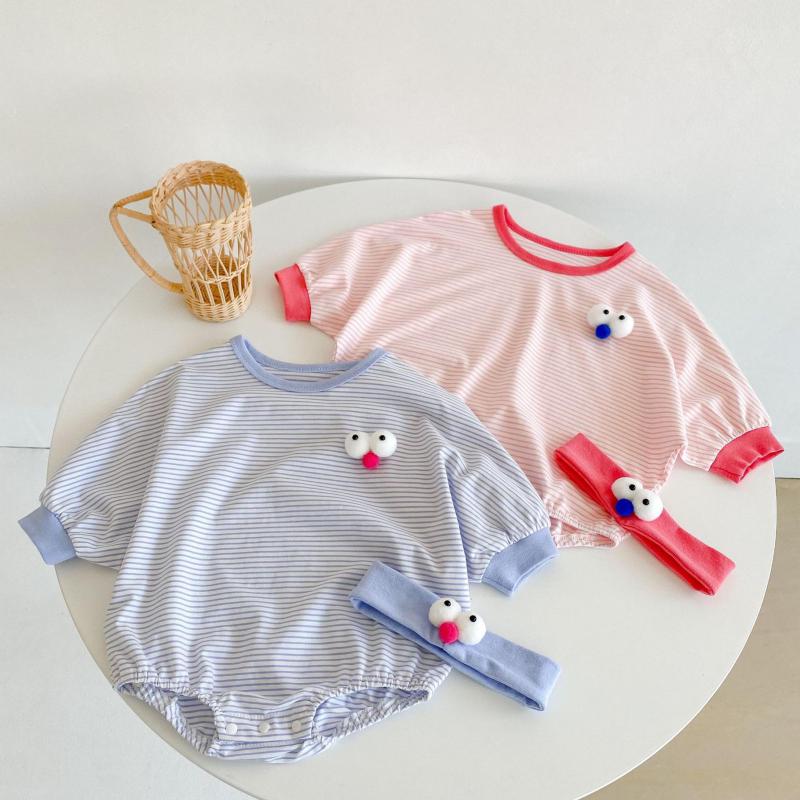 2022 Zomer Katoen Peuter Kleding Baby Boy Grote Ogen Vleermuis Mouw Gestreepte Bodysuit Baby Meisje Jumpsuit Met Hoofdband