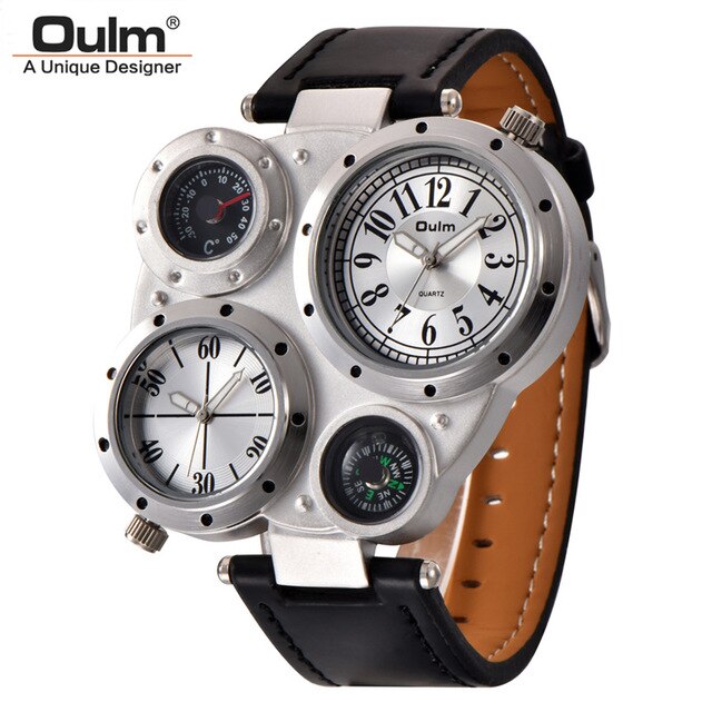 Oulm 9415 Mannen Horloges Twee Tijdzone Sport Quartz Mannen Horloge Kompas Decoratie Mannelijke Lederen Horloge: white