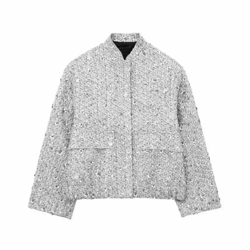 Dames Lovertjes Bomberjack Herfst Ronde Hals Lange Mouw Zak Stretch Zoom Met Pailletten Jas Dames Chic Bovenkleding: XS / Bruin