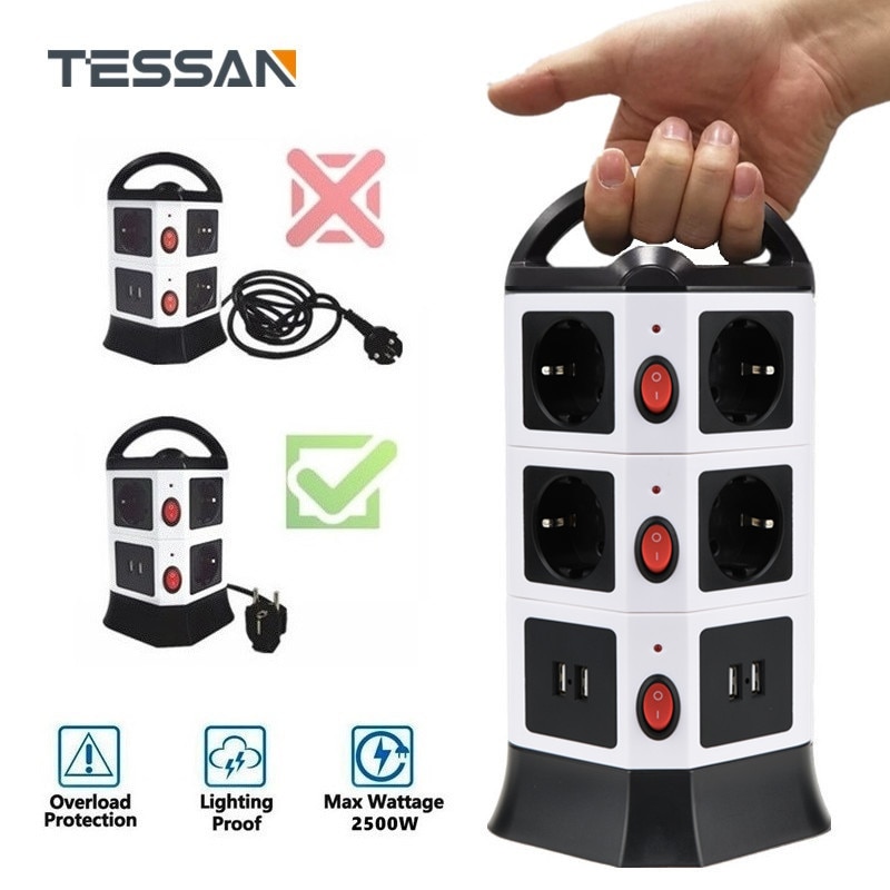 TESSAN EU Plug Stekkerdoos Multi Plug USB Socket met Schakelaar en 5/6. 5 ft Verlengsnoer