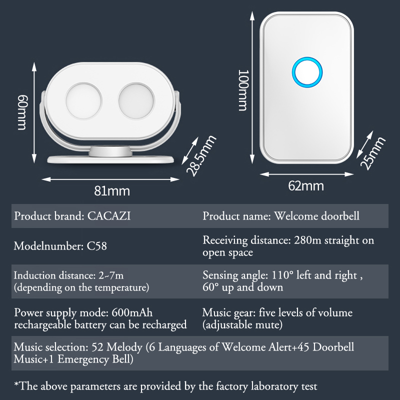 Cacazi Home Welkom Inductie Deurbel Oplaadbare Pir Bewegingsmelder Infrarood Beveiliging Draadloze Alarm Deurbel Winkel