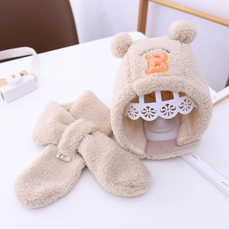 Doitbest vindtät baby barn mössa två bollar b bokstäver lammull varma pojkstickade mössor vinter 2 st pojke tjej mössa scarf set: Beige