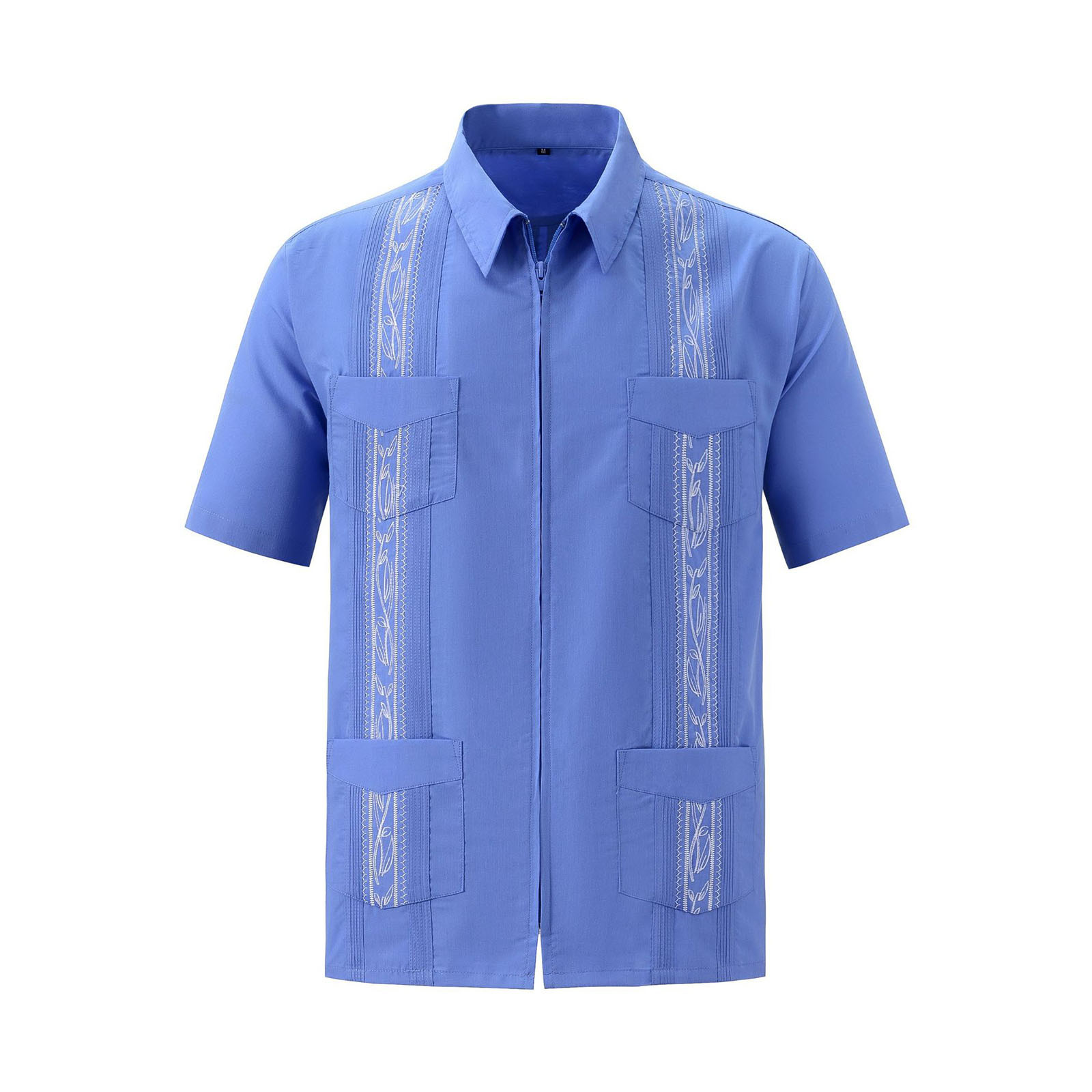 Chemises Guayabera pour hommes, vêtements à fermeture éclair, chemises traditionnelles brodées à quatre poches, chemises cubaines mexicaines: XXL / Bleu