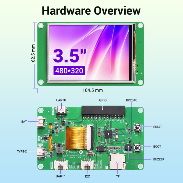 Elecrow crowpanel pico -3.5 tommer 480*320 display tft lcd hmi modul spi berøringsskærm med  rp2040 understøtter lvgl/c/c++/micropython