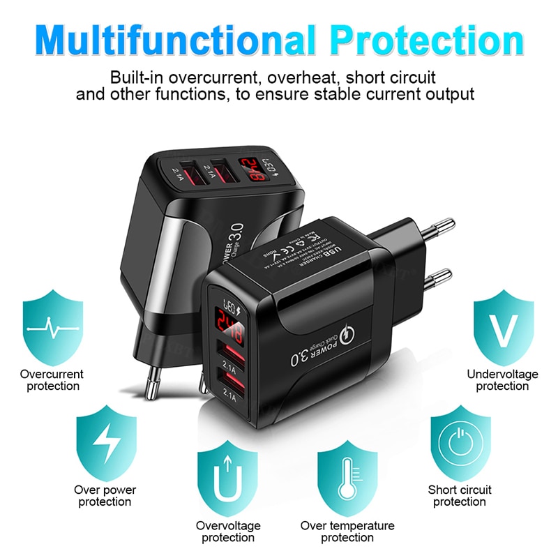 Usb lader med ledet vise dobbel usb havn 2.4a hurtiglading til iphone 8 lader adapter mobiltelefon ladere til samsung  s10
