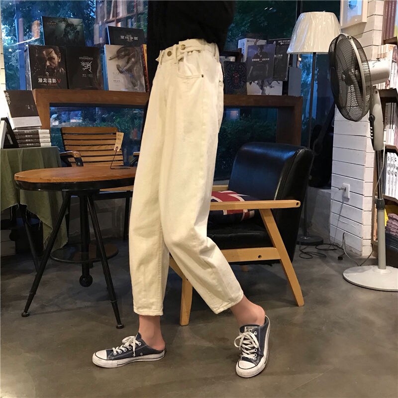 Jean femme grande taille solide taille haute Ulzzang Harajuku Style coréen Vintage a la femmes pantalon poches Simple Chic