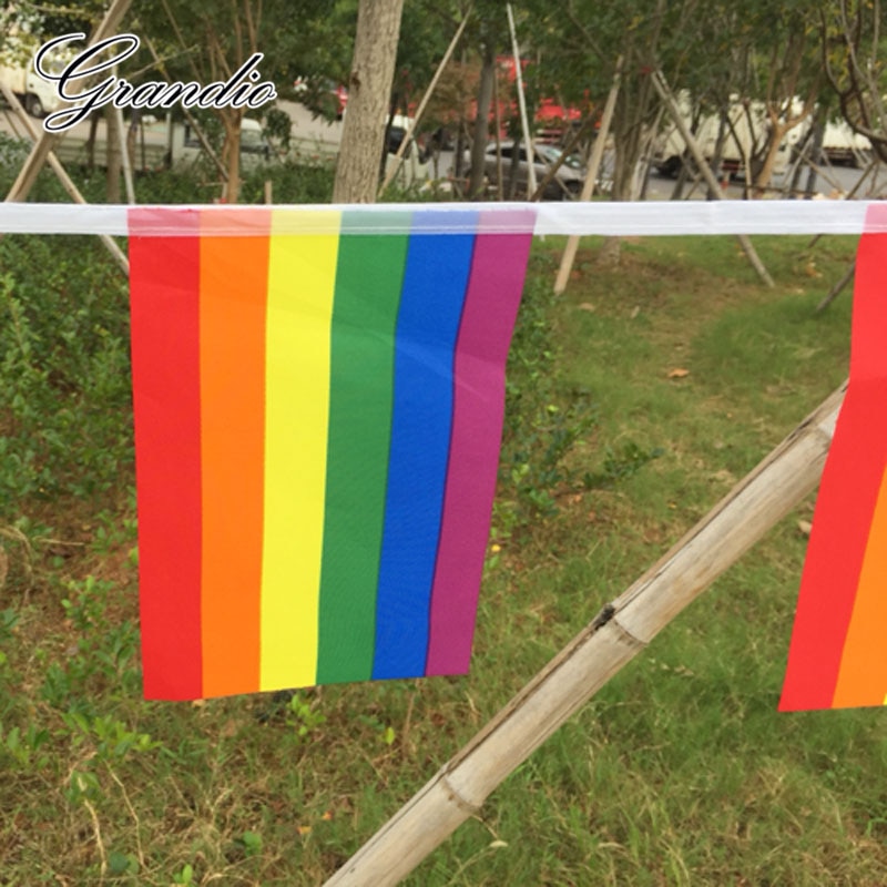Hanging Rainbow Flag LGBT 14x21cm Polyester 15 Pieces 5M Length Lesbian Gay Pride Printed Home Decorative Flags and Banners
